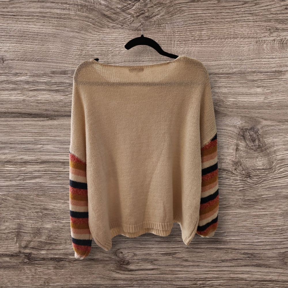 Striped Sleeve Beige Sweater - Picture 3 of 6